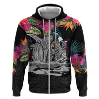 Personalised Hawaii Zip Hoodie Humpback Whale Tattoo With Tropical Flowers Black