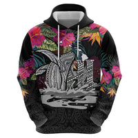 Personalised Hawaii Zip Hoodie Humpback Whale Tattoo With Tropical Flowers Black