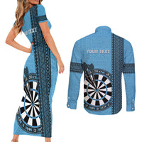 Personalised Fiji Darts Couples Matching Short Sleeve Bodycon Dress and Long Sleeve Button Shirt Fijian Tapa Pattern - Blue