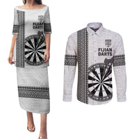 Personalised Fiji Darts Couples Matching Puletasi and Long Sleeve Button Shirt Fijian Tapa Pattern - White LT14 White - Polynesian Pride