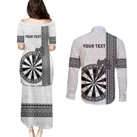 Personalised Fiji Darts Couples Matching Puletasi and Long Sleeve Button Shirt Fijian Tapa Pattern - White LT14 - Polynesian Pride