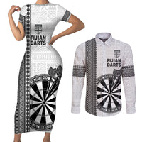 Personalised Fiji Darts Couples Matching Short Sleeve Bodycon Dress and Long Sleeve Button Shirt Fijian Tapa Pattern - White