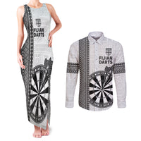 Personalised Fiji Darts Couples Matching Tank Maxi Dress and Long Sleeve Button Shirt Fijian Tapa Pattern - White