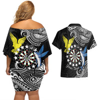 Personalised Cook Islands Darts Couples Matching Off Shoulder Short Dress and Hawaiian Shirt Kuki Airani Tribal Pattern