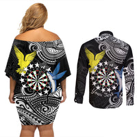 Personalised Cook Islands Darts Couples Matching Off Shoulder Short Dress and Long Sleeve Button Shirt Kuki Airani Tribal Pattern