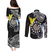 Personalised Cook Islands Darts Couples Matching Puletasi and Long Sleeve Button Shirt Kuki Airani Tribal Pattern