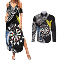 Personalised Cook Islands Darts Couples Matching Summer Maxi Dress and Long Sleeve Button Shirt Kuki Airani Tribal Pattern