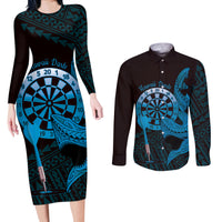 Aloha Hawaii Darts Couples Matching Long Sleeve Bodycon Dress and Long Sleeve Button Shirt Dart Board With Polynesian Shark - Blue