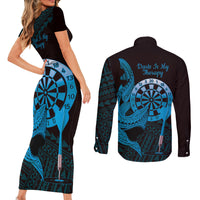 Aloha Hawaii Darts Couples Matching Short Sleeve Bodycon Dress and Long Sleeve Button Shirt Dart Board With Polynesian Shark - Blue