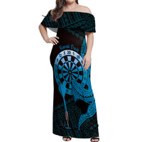 Aloha Hawaii Darts Off Shoulder Maxi Dress Dart Board With Polynesian Shark - Blue