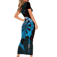 Aloha Hawaii Darts Short Sleeve Bodycon Dress Dart Board With Polynesian Shark - Blue