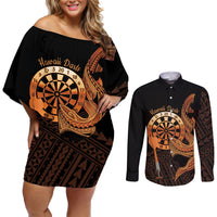 Aloha Hawaii Darts Couples Matching Off Shoulder Short Dress and Long Sleeve Button Shirt Dart Board With Polynesian Shark - Gold