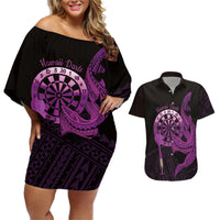 Aloha Hawaii Darts Couples Matching Off Shoulder Short Dress and Hawaiian Shirt Dart Board With Polynesian Shark - Purple