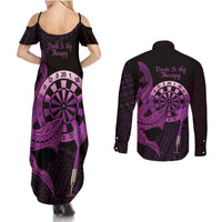 Aloha Hawaii Darts Couples Matching Summer Maxi Dress and Long Sleeve Button Shirt Dart Board With Polynesian Shark - Purple LT14 - Polynesian Pride
