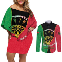 Personalised Vanuatu Darts Couples Matching Off Shoulder Short Dress and Long Sleeve Button Shirt Happiness Is A Tight Threesome Sand Drawing Art LT14 Red - Polynesian Pride
