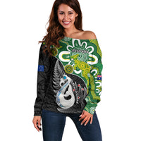 Personalised New Zealand And Australia Off Shoulder Sweater Aboriginal Mix Aotearoa Maori Unique Style LT14 Women Green - Polynesian Pride