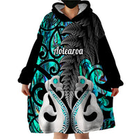 Personalised New Zealand Wearable Blanket Hoodie Te Manaia Mangopare Maori And Fern Turquoise Style LT14 - Polynesian Pride