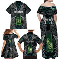Personalised New Zealand Toki Family Matching Off Shoulder Maxi Dress and Hawaiian Shirt Silver Fern Mix Aotearoa Maori Pattern