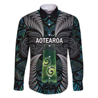 Personalised New Zealand Toki Family Matching Summer Maxi Dress and Hawaiian Shirt Silver Fern Mix Aotearoa Maori Pattern LT14 Dad's Shirt - Long Sleeve Black - Polynesian Pride