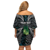 Personalised New Zealand Toki Off Shoulder Short Dress Silver Fern Mix Aotearoa Maori Pattern LT14 - Polynesian Pride