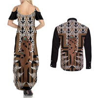 New Zealand Couples Matching Summer Maxi Dress and Long Sleeve Button Shirt Maori Maripi Knife With Poutama Art