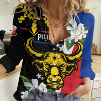 Personalised Philippines Carabao Women Casual Shirt Filipino Sun Mix Sampaguita Flower