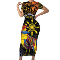 Philippines Sarimanok Short Sleeve Bodycon Dress Papanok Legendary Bird Okir Polynesian Pattern