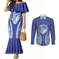 Northland 2026 Rugby Custom Couples Matching Mermaid Dress and Long Sleeve Button Shirt NZ Maori Silver Fern LT14 Blue - Polynesian Pride