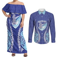 Northland 2026 Rugby Custom Couples Matching Off Shoulder Maxi Dress and Long Sleeve Button Shirt NZ Maori Silver Fern LT14 Blue - Polynesian Pride