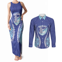 Northland 2026 Rugby Custom Couples Matching Tank Maxi Dress and Long Sleeve Button Shirt NZ Maori Silver Fern LT14 Blue - Polynesian Pride