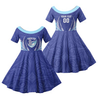 Northland 2026 Rugby Custom Family Matching Off The Shoulder Long Sleeve Dress and Hawaiian Shirt NZ Maori Silver Fern LT14 Daughter's Dress Blue - Polynesian Pride