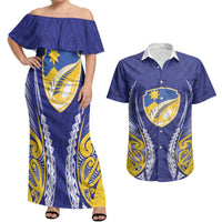 Otago 2026 Rugby Custom Couples Matching Off Shoulder Maxi Dress and Hawaiian Shirt NZ Maori Silver Fern LT14 Blue - Polynesian Pride
