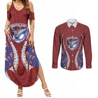 Southland 2026 Rugby Custom Couples Matching Summer Maxi Dress and Long Sleeve Button Shirt NZ Maori Silver Fern LT14 Maroon - Polynesian Pride