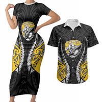 Taranaki 2026 Rugby Custom Couples Matching Short Sleeve Bodycon Dress and Hawaiian Shirt NZ Maori Silver Fern LT14 Black - Polynesian Pride
