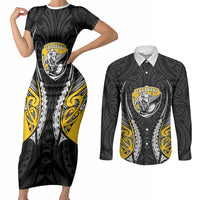 Taranaki 2026 Rugby Custom Couples Matching Short Sleeve Bodycon Dress and Long Sleeve Button Shirt NZ Maori Silver Fern LT14 Black - Polynesian Pride