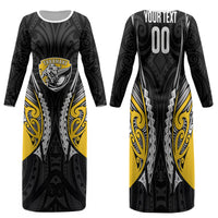 Taranaki 2026 Rugby Custom Family Matching Long Sleeve Bodycon Dress and Hawaiian Shirt NZ Maori Silver Fern LT14 Mom's Dress Black - Polynesian Pride