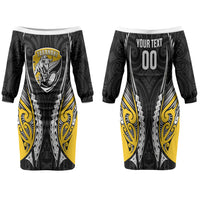 Taranaki 2026 Rugby Custom Family Matching Off The Shoulder Long Sleeve Dress and Hawaiian Shirt NZ Maori Silver Fern LT14 Mom's Dress Black - Polynesian Pride
