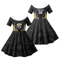 Taranaki 2026 Rugby Custom Family Matching Off Shoulder Short Dress and Hawaiian Shirt NZ Maori Silver Fern LT14 Daughter's Dress Black - Polynesian Pride