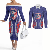Tasman Bay 2026 Rugby Custom Couples Matching Off The Shoulder Long Sleeve Dress and Long Sleeve Button Shirt NZ Maori Silver Fern LT14 Blue - Polynesian Pride