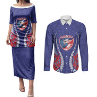 Tasman Bay 2026 Rugby Custom Couples Matching Puletasi and Long Sleeve Button Shirt NZ Maori Silver Fern LT14 Blue - Polynesian Pride