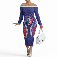Tasman Bay 2026 Rugby Custom Off The Shoulder Long Sleeve Dress NZ Maori Silver Fern LT14 Women Blue - Polynesian Pride