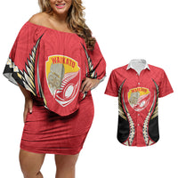Waikato 2026 Rugby Custom Couples Matching Off Shoulder Short Dress and Hawaiian Shirt NZ Maori Silver Fern LT14 Red - Polynesian Pride