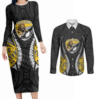 Wellington 2026 Rugby Custom Couples Matching Long Sleeve Bodycon Dress and Long Sleeve Button Shirt NZ Maori Silver Fern LT14 Black - Polynesian Pride