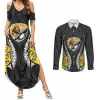 Wellington 2026 Rugby Custom Couples Matching Summer Maxi Dress and Long Sleeve Button Shirt NZ Maori Silver Fern LT14 Black - Polynesian Pride