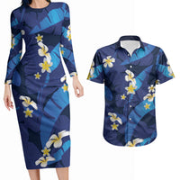 Teal Purple Banana Leaf Hawaii Couples Matching Long Sleeve Bodycon Dress and Hawaiian Shirt Lau Maia Plumeria Tropical Summer Vibes