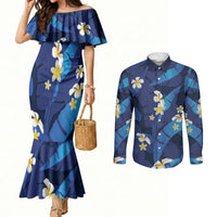 Teal Purple Banana Leaf Hawaii Couples Matching Mermaid Dress and Long Sleeve Button Shirt Lau Maia Plumeria Tropical Summer Vibes