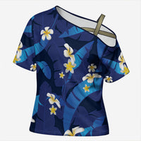 Teal Purple Banana Leaf Hawaii Cross Shoulder Shirt Lau Maia Plumeria Tropical Summer Vibes
