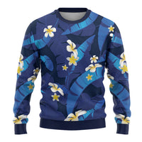 Teal Purple Banana Leaf Hawaii Ugly Christmas Sweater Lau Maia Plumeria Tropical Summer Vibes