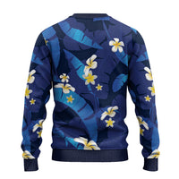 Teal Purple Banana Leaf Hawaii Ugly Christmas Sweater Lau Maia Plumeria Tropical Summer Vibes