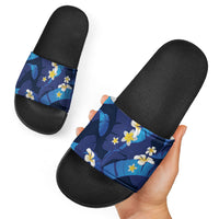 Teal Purple Banana Leaf Hawaii Slide Sandals Lau Maia Plumeria Tropical Summer Vibes